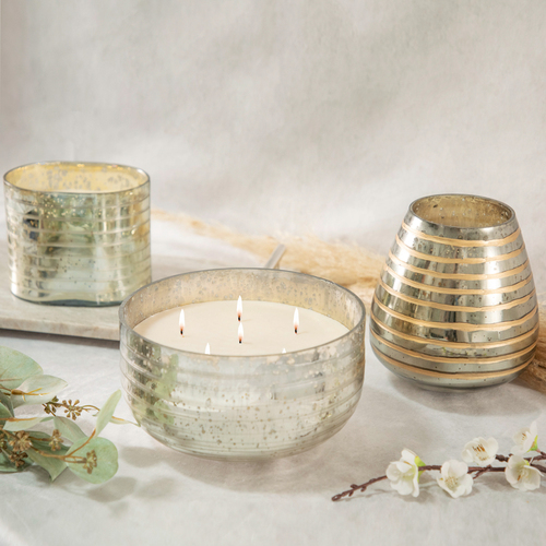 VELA AROMÁTICA DUES EN CUENCO DE RAYAS COLOR PLATA