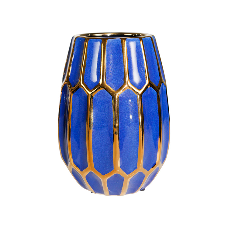 Jarrón decorativo de Cerámica | Color Azul con Dorado